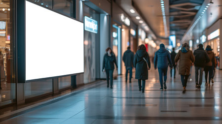 A white billboard in the mall, people walking in the background. Place for text or image, Advertisingの素材