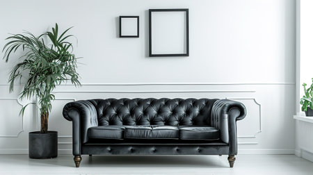 The interior of a modern bright living room with a black sofa, Classic color scheme.の素材
