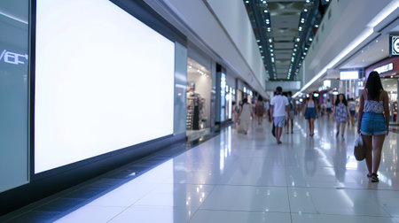 A white billboard in the mall, people walking in the background. Place for text or image, Advertisingの素材