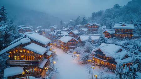 Winter wonderland. Mountain modern Village in winter, Snowdriftsの素材