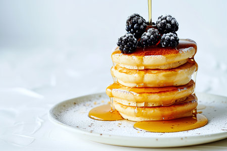 Pouring honey on stack of pancakes. Homemade oat pancakes with blueberries, Image for cafe menu, Bannerの素材