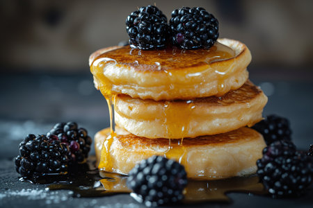 Pouring honey on stack of pancakes. Homemade oat pancakes with blueberries, Image for cafe menu, Bannerの素材