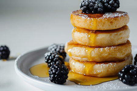 Pouring honey on stack of pancakes. Homemade oat pancakes with blueberries, Image for cafe menu, Bannerの素材