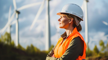 An engineer in a hard hat standing against the background of turbines at a wind farm on a sunny day. Clean, green energy.の素材