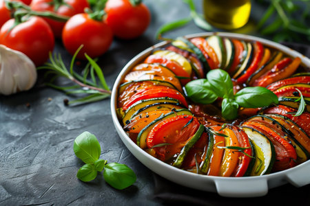 Ratatouille. Traditional French stew of summer vegetables. Ratatouille casserole. Image for cafe menu, Bannerの素材