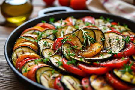 Ratatouille. Traditional French stew of summer vegetables. Ratatouille casserole. Image for cafe menu, Bannerの素材
