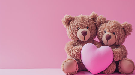 Teddy bears hugging, holding a pink heart on a pink background, The concept of friendship and love. St. Valenti's Dayの素材