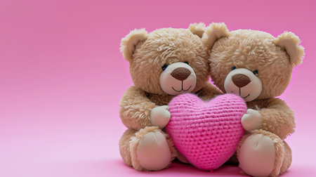 Teddy bears hugging, holding a pink heart on a pink background, The concept of friendship and love. St. Valenti's Dayの素材