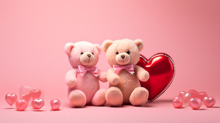 Teddy bears hugging, holding a pink heart on a pink background, The concept of friendship and love. St. Valenti's Dayの素材