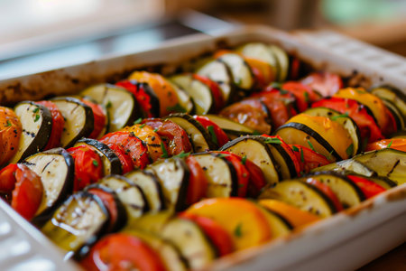 Ratatouille. Traditional French stew of summer vegetables. Ratatouille casserole. Image for cafe menu, Bannerの素材