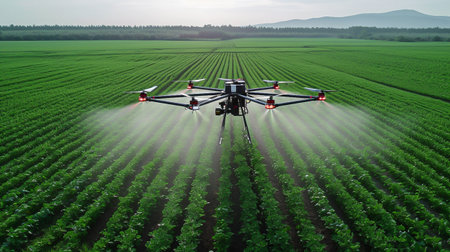 Modern technologies in Agriculture. An industrial Drone flies over a green field and sprays useful pesticides to increase productivity and destroys harmful insects. Increase productivityの素材