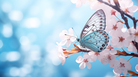 Close-up of a butterfly on a flower. a large butterfly sitting on green leaves, a beautiful insect in its natural habitat. Banner, Illustration for Albums, notebooksの素材