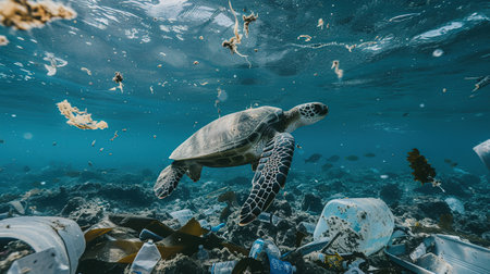 A sea turtle swims among the debris in the water. The concept of ocean pollution. against the background of the sea.の素材