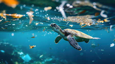A sea turtle swims among the debris in the water. The concept of ocean pollution. against the background of the sea.の素材