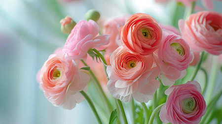 Set with beautiful spring ranunculus Flowers on Background. Banner design. Copy spaceの素材