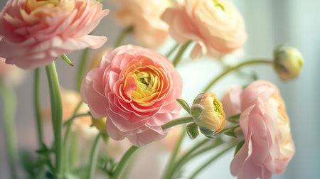 Set with beautiful spring ranunculus Flowers on Background. Banner design. Copy spaceの素材