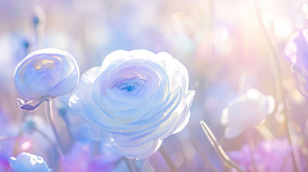 Set with beautiful spring ranunculus Flowers on Background. Banner design. Copy spaceの素材