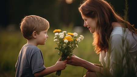 Small son gives his beloved mother a beautiful bouquet of flowers. Spring, concept of family vacation. Women's day, Mother's day.の素材