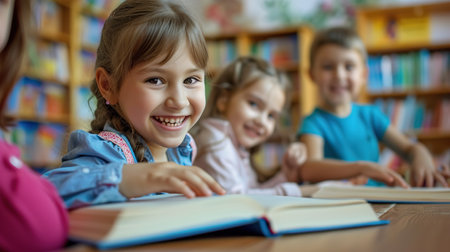 children in kindergarten at a reading lessonの素材