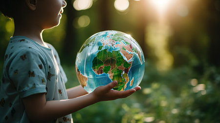 World environment Day concept. Child hand's who is holding carry the World. Protect our globe. Copy space.の素材