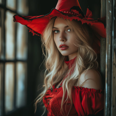Cheerful young Blonde dressed as a good Witch, pointed hat on her headの素材