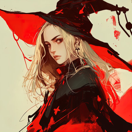 Cheerful young Blonde dressed as a good Witch, pointed hat on her headの素材