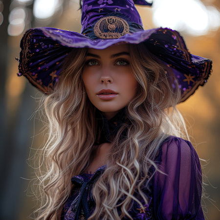 Cheerful young Blonde dressed as a good Witch, pointed hat on her headの素材