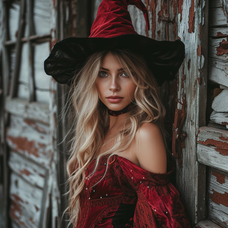 Cheerful young Blonde dressed as a good Witch, pointed hat on her headの素材