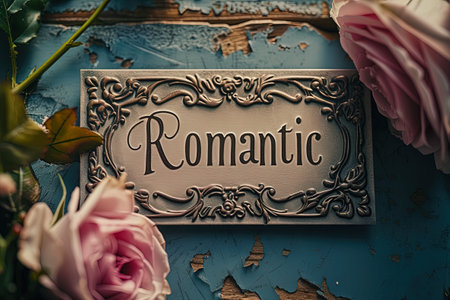 A postcard with the word "Romantic". Used for invitation to the wedding, greeting cards, flyers. Design of albums, notebooks, banners, Vector illustration.の素材
