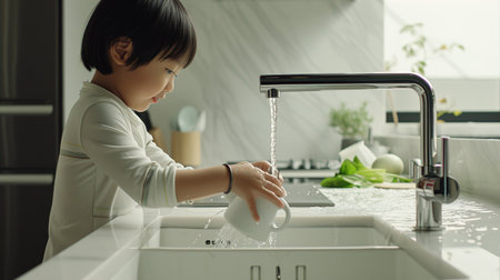 A charming happy little Child is washing dishes in the home Kitchen. The Child has fun helping his parents with the Housework.の素材