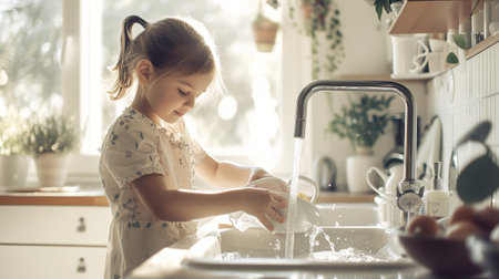 A charming happy little Child is washing dishes in the home Kitchen. The Child has fun helping his parents with the Housework.の素材