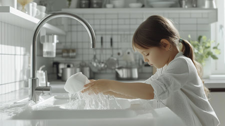 A charming happy little Child is washing dishes in the home Kitchen. The Child has fun helping his parents with the Housework.の素材