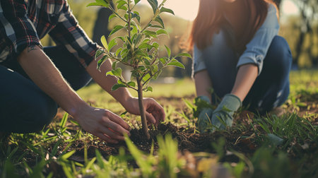 Young Couple of volunteers planting new Tree in park.の素材
