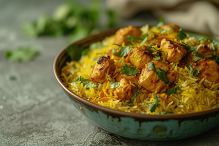 Indian Butter chicken with basmati rice in bowl, spices, background. Space for text. Butter chicken, traditional Indian dish. Chicken tikka masala. Indian cuisine concept.の素材