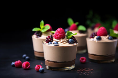 coffee mousse with mint leaf, raspberry berries next to it, Image for Cafe and Restaurant Menusの素材