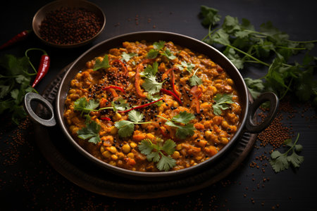 Thick indian red lentil soup with cilantro served with indian flat bread on a wooden background.の素材