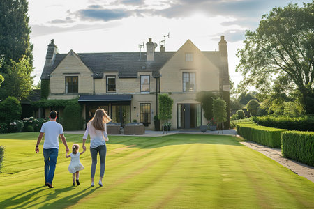 The family walks hand in hand to their country House, parents and Children happily walk hand in hand through the Garden.の素材