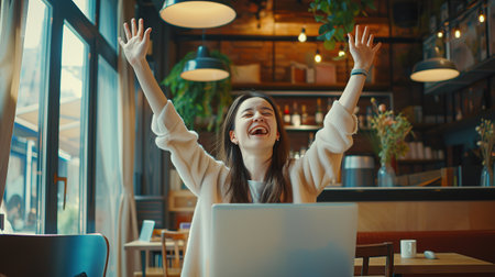 Online education. A joyful young Woman joyfully and triumphantly raised her Hands after completing a student project on a Laptop.の素材