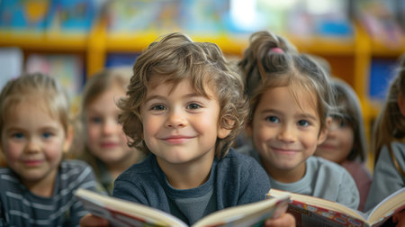 Children in Kindergarten at a reading lessonの素材