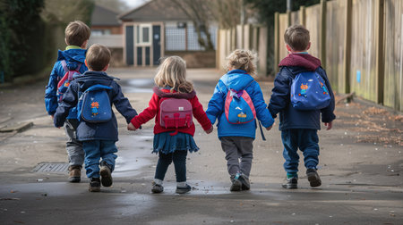 Children students holding hands go to School in the first grade with a school bag or satchel, go to the school bus, Preschool.の素材