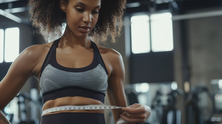 Slim young Woman measuring her thin waist with a tape measure, Close upの素材