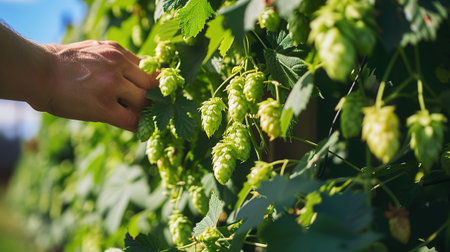 Close up shot of an young successful farmer is collecting directly from biological plants raw hop flowers used for high quality beer production in ecological craft breweryの素材