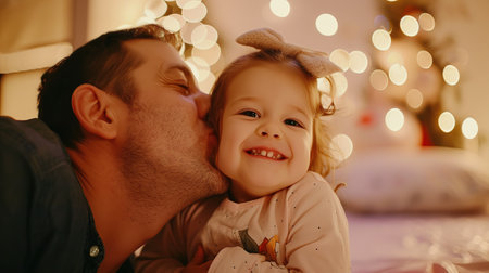 Portrait of a smiling loving Dad kissing a Happy child on the couchの素材