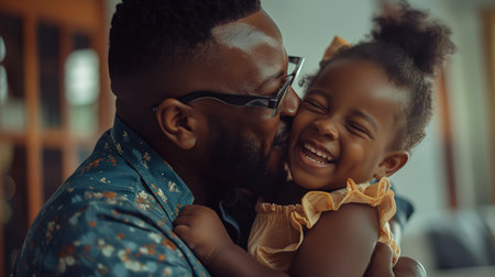 Portrait of a smiling loving Dad kissing a Happy child on the couchの素材