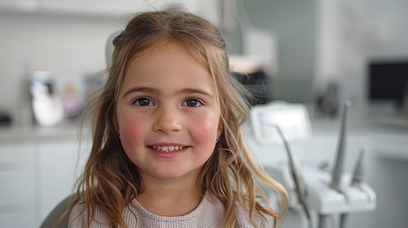 Portrait of a small Patient sitting in a Dentist's chair and smiling with a toothy Smileの素材