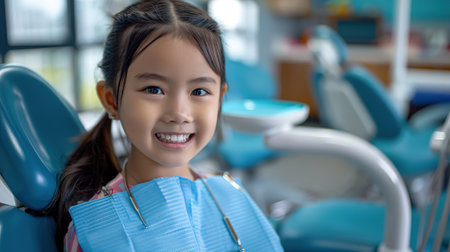 Portrait of a small Patient sitting in a Dentist's chair and smiling with a toothy Smileの素材