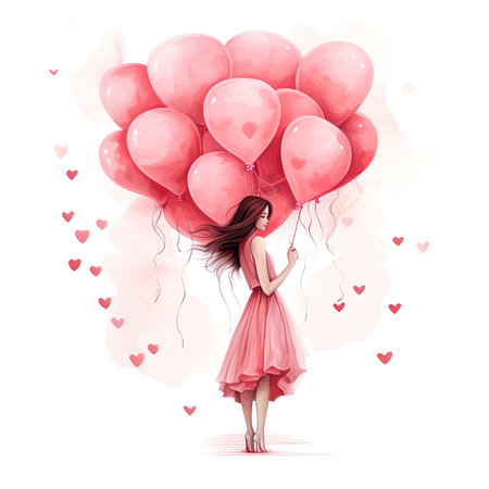 Valentine hearts with a postcard in a gift box. A girl with balls in the shape of a heart. Valentine's Day, birthday greeting card design, March 8thの素材