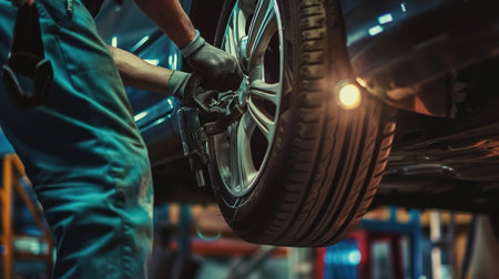 Auto mechanic working at auto repair shop. An auto repair shop repairs a car wheel, hands and cleans in the frameの素材