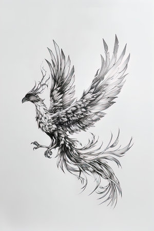 Phoenix illustration, drawing, engraving, ink, line art, vector. Sketch of a tattoo in the form of a Firebird. T-shirt apparel print design.の素材