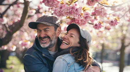 Happy, smiling young Couple hugging under tree branches of Cherry blossom.の素材
